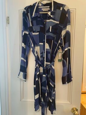 Simons Navy and Light Blue Geometric Shirt Dress